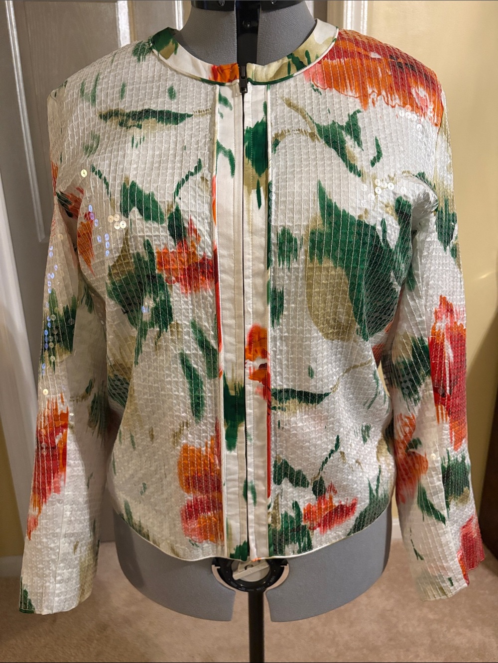 Chico’s Floral Sequin-Accent Bomber Jacket (lined) - White with Green & Orange